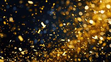 AI generated Luxurious golden confetti cascades elegantly against a sleek black background. Ai Generated. photo