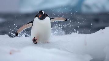 AI generated Playful penguin slides gracefully on the ice, enjoying a moment of icy delight, Ai Generated. photo