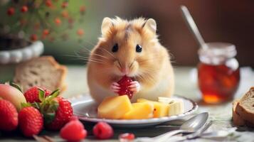 AI generated Adorable hamster nibbles on food from a plate, its tiny paws adding charm, Ai Generated. photo