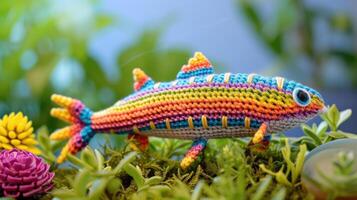 AI generated Crocheted mackerel toy vibrant backdrop, handcrafted and adorable, Ai Generated photo