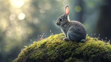 AI generated Rabbit stands on a moss-covered rock, its furry coat contrasting with the lush greenery, Ai Generated. photo