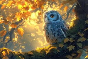 AI generated Serene owl perches on a branch, its wise gaze surveying the nocturnal realm, Ai Generated. photo