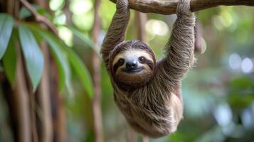 AI generated Relaxed sloth hangs lazily from a branch, embodying tranquility in its natural habitat, Ai Generated. photo