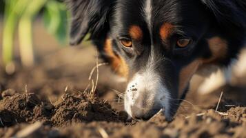 AI generated Dog eagerly sniffs dirt on the ground, exploring with its keen sense of smell, Ai Generated. photo