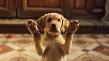 AI generated Eager dog stands on the floor, paws lifted in anticipation, awaiting playtime, Ai Generated. photo