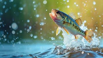 ai generado energético pescado saltos fuera de el agua, atrapado aire en un dinámica saltar, ai generado. foto