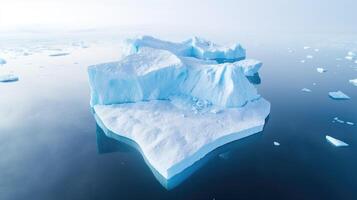 ai generado un aéreo zumbido imagen capturas gigante icebergs en Groenlandia maravilloso paisaje, ai generado. foto