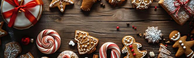 ai generado adorable Navidad dulces y Galleta mostrar. gastos generales perspectiva en un encantador, rústico oscuro madera bandera fondo. encantador festivo horneando tema, ai generado. foto