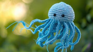 AI generated Crocheted jellyfish toy vibrant backdrop, handcrafted and adorable, Ai Generated photo