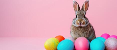 AI generated A cute little Easter bunny sits amongst a multitude of colorful painted eggs, Ai Generated. photo