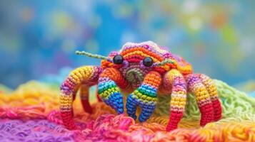 AI generated Crocheted hermitcrab toy vibrant backdrop, handcrafted and adorable, Ai Generated photo