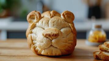 AI generated Unique bread loaf resembling an lion resting on a wooden table, Ai Generated photo