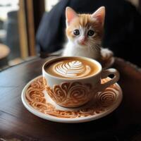 ai generado un pequeño, blanco gatito con azul ojos es sentado siguiente a un taza de capuchino en un platillo, ai generado foto