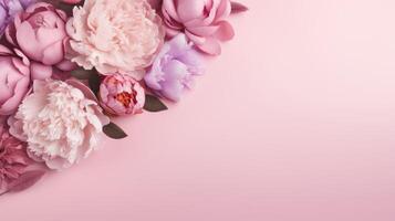 AI generated Peonies and roses arranged on a pink background, complete with space for text. An abstract, natural floral frame design offering room for wording. A romantic, Ai Generated. photo