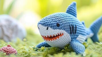 ai generado tejido a ganchillo tiburón juguete vibrante fondo, hecho a mano y adorable, ai generado foto