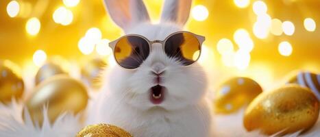 AI generated A rabbit with sunglasses poses with golden painted Easter eggs, Ai Generated. photo
