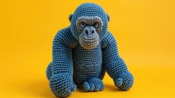 ai generado tejido a ganchillo gorila juguete vibrante fondo, hecho a mano y adorable, ai generado foto