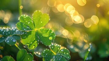 ai generado vibrante trébol hojas relucir con gotas de rocío, besado por el Mañana sol, ai generado. foto