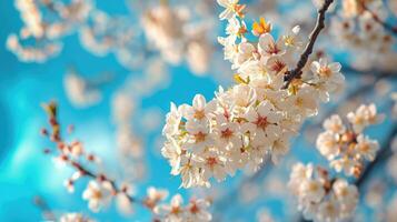 ai generado de cerca de Cereza flores en contra un azul cielo crea un hermosa primavera fondo, ai generado. foto