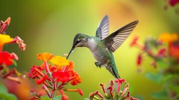 ai generado agraciado colibrí delicadamente sorbos néctar desde un vibrante flor, en pleno vuelo, ai generado. foto