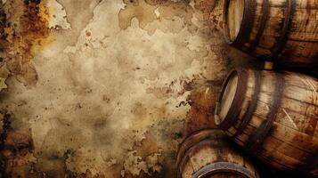 AI generated Vintage wine barrels create a rustic backdrop with inviting empty space, Ai Generated. photo