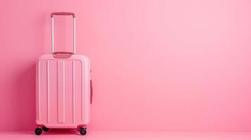 AI generated Summer vacation and travel theme. A suitcase or luggage bag set against a soft pastel pink backdrop, Ai Generated. photo