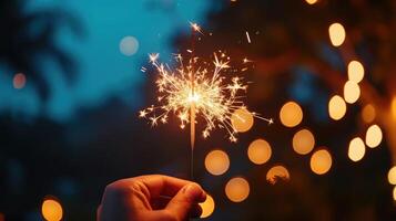 ai generado mano participación un bengala a un vibrante playa fiesta con Noche Fuegos artificiales espectáculo ai generado foto