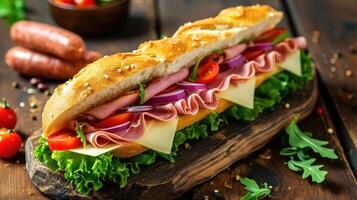 AI generated Submarine sandwich with ham or jamon, cheese, lettuce, tomatoes, onion, mortadella, and sausage on a rustic wooden table, a savory delight, Ai Generated. photo