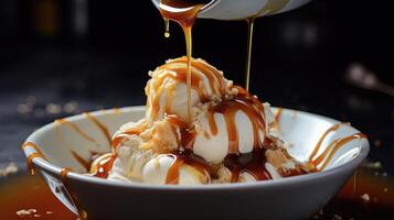 ai generado complacer en el celestial combinación de vainilla hielo crema y delicioso caramelo jarabe, un postre obra maestra, ai generado. foto