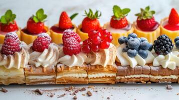 AI generated Array of pastries adorned with diverse toppings, crowned with luscious berries, Ai Generated. photo