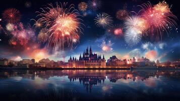 AI generated A global Happy New Year festival backdrop, adorned with a fireworks display, Ai Generated. photo