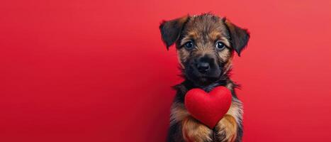 AI generated Puppy stands holding a red heart, isolated against a red background, Ai Generated photo
