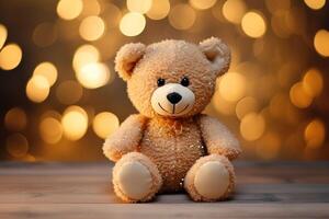 AI generated Toy teddy bear sits serenely, a front view against a dreamy bokeh background, Ai Generated. photo