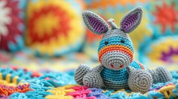 AI generated Crocheted donkey toy vibrant backdrop, handcrafted and adorable, Ai Generated photo