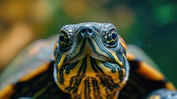 ai generado de cerca de un Tortuga con sus cabeza convertido hacia el cámara, un curioso y entrañable reptil, ai generado. foto