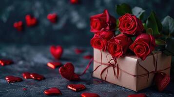 AI generated Gift box accompanied by a bouquet of fresh roses and celebratory red hearts set against a dark backdrop, Ai Generated photo