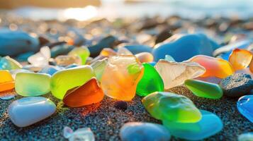 AI generated Sun-kissed, multi-colored sea glass pieces scattered along a sunny beach, Ai Generated photo