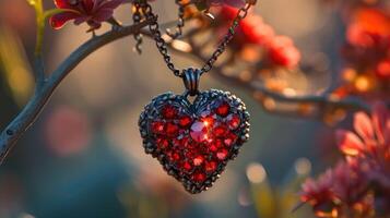 AI generated Red stone heart pendant, beautifully accented with diamonds for a luxurious touch, Ai Generated photo