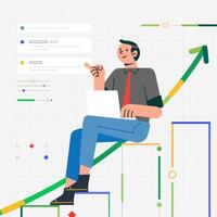 Businessman sitting growth chart analyzing business and rising profits stocks with laptop vector