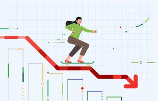 Businesswoman glides on skateboard over graph chart of falling down business and profits vector