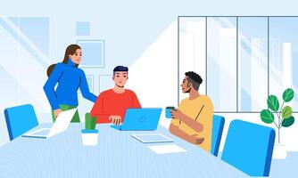 Employees coworkers teamwork discuss project generate ideas at modern startup office vector