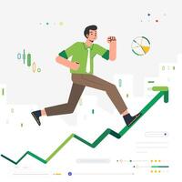 Man running up a business chart arrow graphic that goes upwards grows career vector