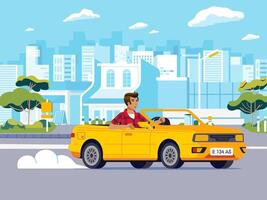 Man driving cabriolet car on road across suburb along cityscape buildings vector