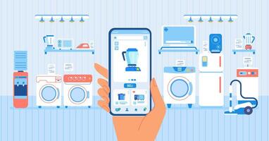 Shop Electronic and home appliances with smartphone application at store vector