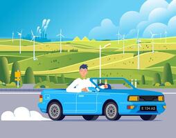 Man driving cabriolet car on road across along nature hills meadow landscape vector