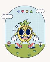 piña retro personaje mascota Clásico de moda mano dibujar gracioso garabatear cómic colección vector