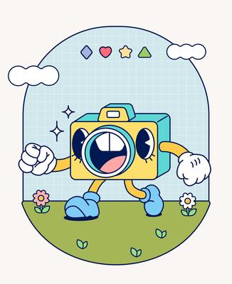 Camera retro character mascot vintage trendy hand draw funny doodle comic collection