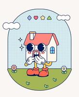 House retro character mascot vintage trendy hand draw funny doodle comic collection vector