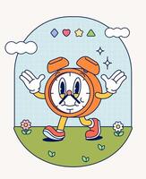 reloj retro personaje mascota Clásico de moda mano dibujar gracioso garabatear cómic colección vector