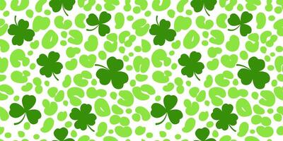Clover leaves seamless pattern. Shamrock vector background for Irish St. Patrick Day. Spring holiday illustration with green trefoils on white background with leopard cheetah backdrop